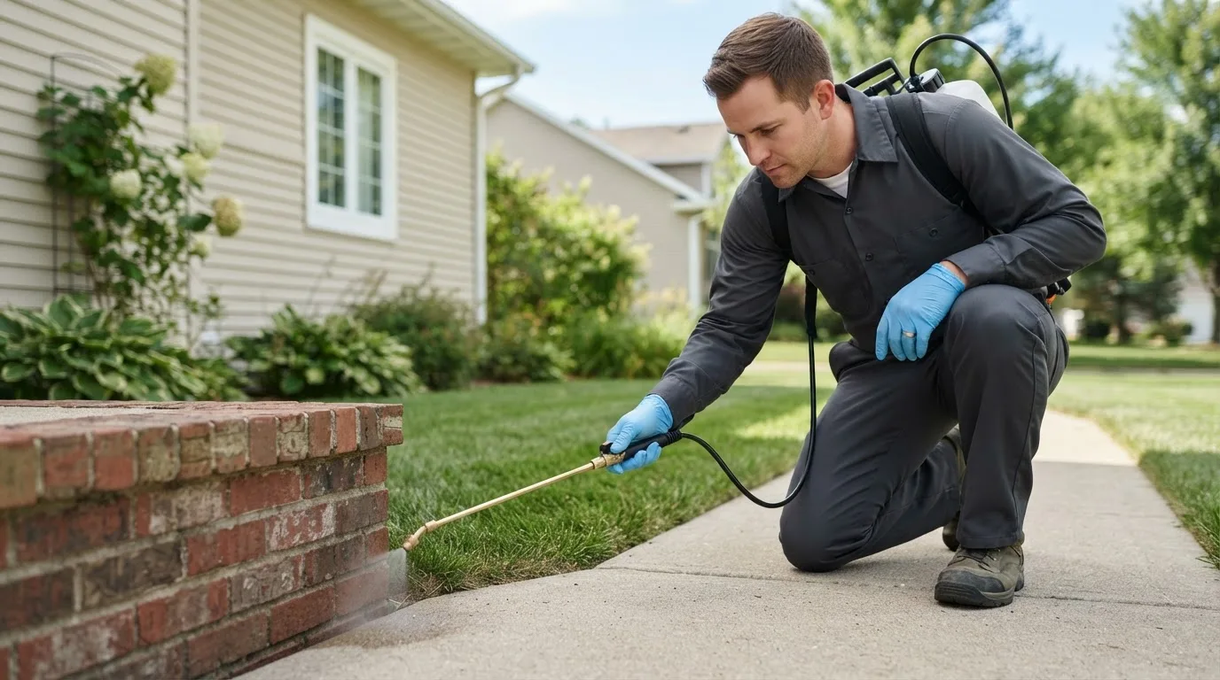 Pest control technician treating a home near Villard, MN
